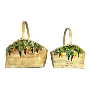Vintage Set of 2 Wicker Gallery Chili Pepper Baskets | Wicker Baskets with Ceram
